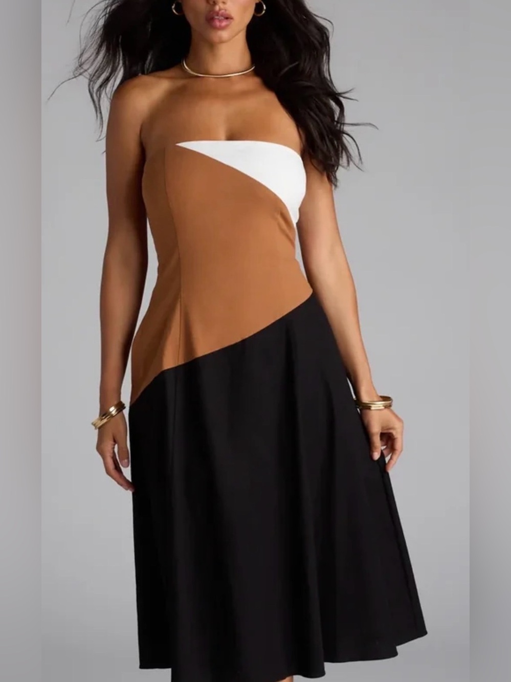 Fall Strapless Colorblock Midi Dress in Black, Brown & White